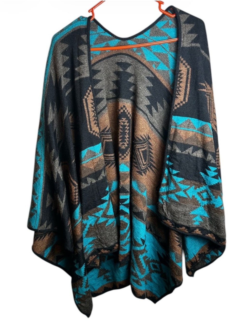 Luxury Style Southwestern Baby Alpaca Wrap Shawl Blue Brown Aztec Poncho OS - Picture 2 of 3